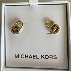 NEW Michael Kors Gold Logo Pave Lock Stud Earrings NIB